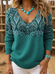 Women's Western Retro Pattern Print V-Neck Ribbed Top