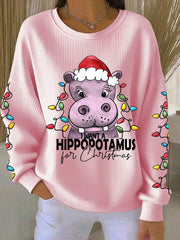 Women's I Want A Hippopotamus For Christmas Ribbed Round-Neck Sweatshirt