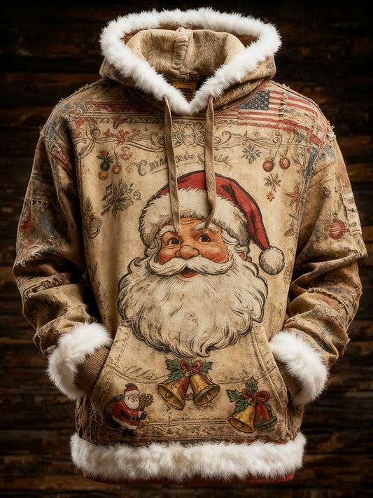 Men's Retro American Flag Christmas Santa Claus Printed Hoodie