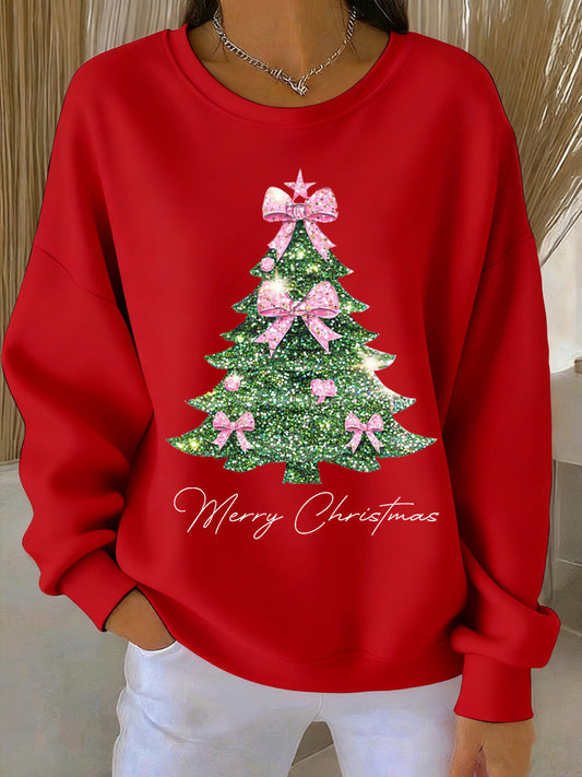 Women's Pink Christmas Tree Print Casual Sweatshirt