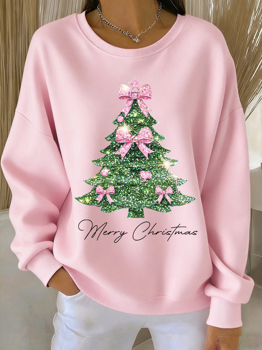 Women's Pink Christmas Tree Print Casual Sweatshirt