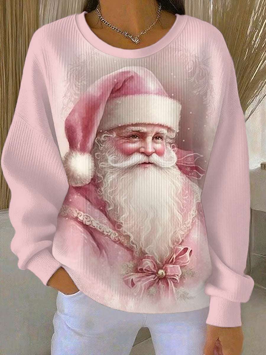 Women's Vintage Pink Christmas Santa Claus Print Casual Sweatshirt