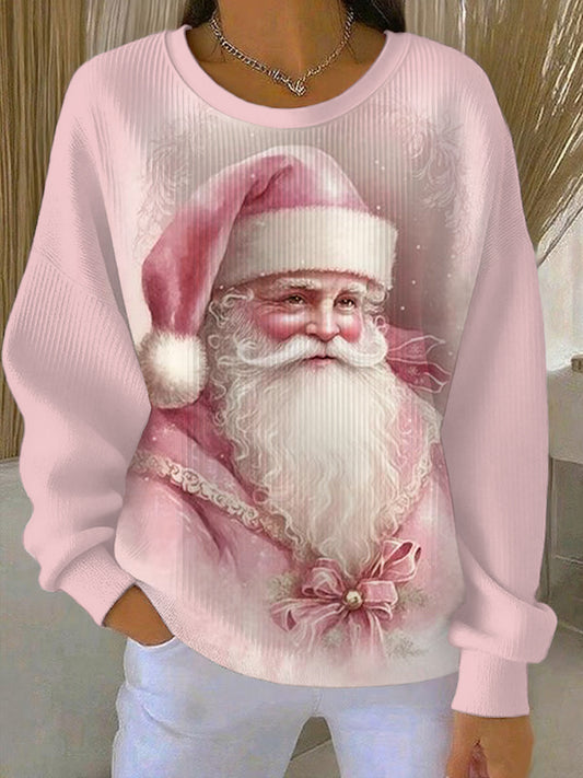 Women's Vintage Pink Christmas Santa Claus Print Casual Sweatshirt