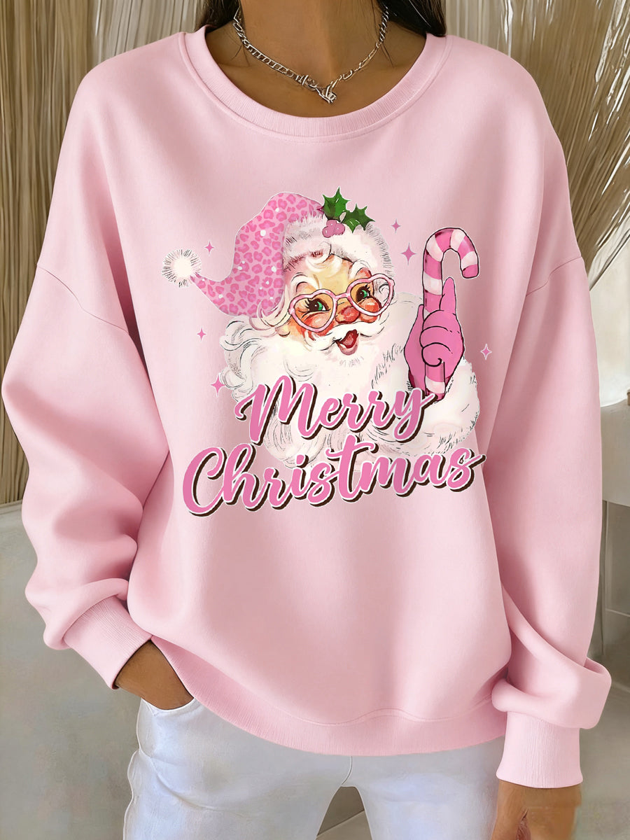 Women's Pink Christmas Santa Claus Print Casual Sweatshirt