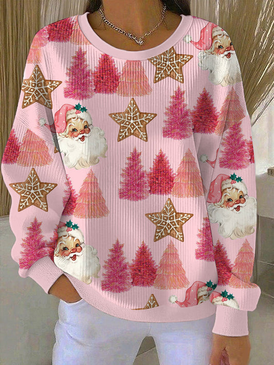 Women's Santa Christmas Tree Ribbed Round-Neck Sweatshirt