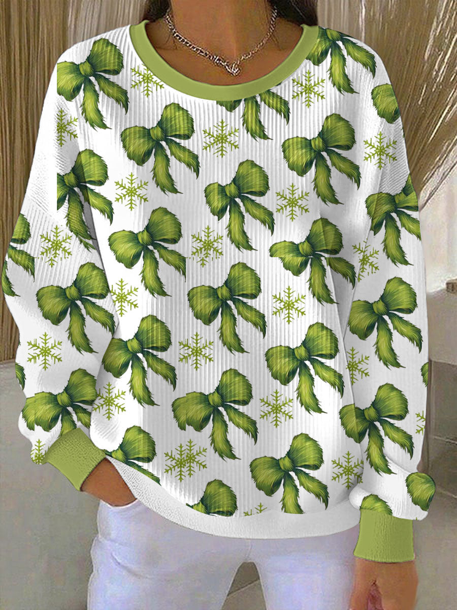 Women's Christmas Bow Ribbed Round-Neck Sweatshirt