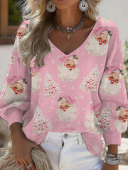 Women's Santa Claus Printed V-Neck Long Sleeve Shirt