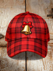 Unisex Christmas Red Plaid Bell Print Hat