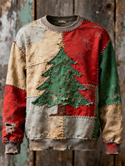 Men's Vintage Christmas Tree Patchwork Print Casual Sweatshirt