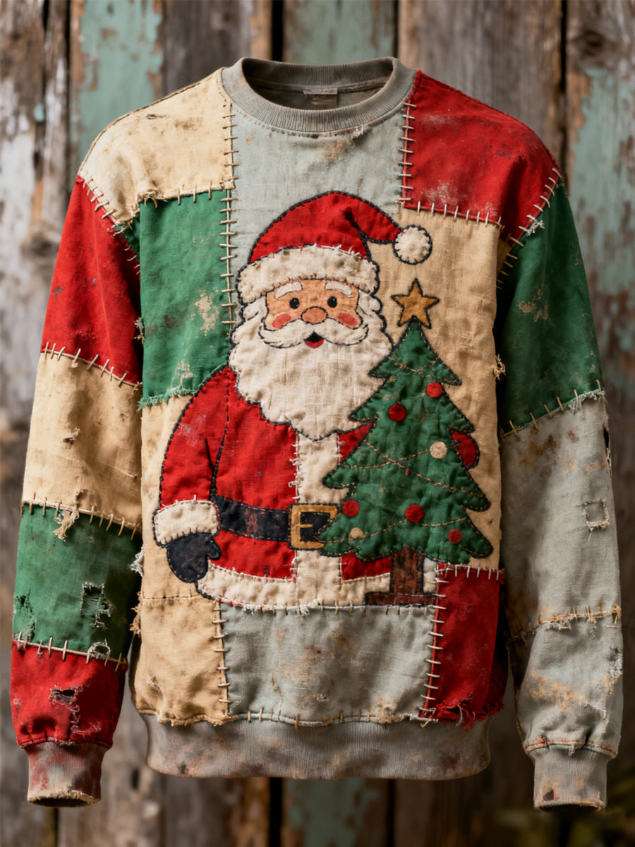 Men's Vintage Christmas Santa Claus Patchwork Print Casual Sweatshirt