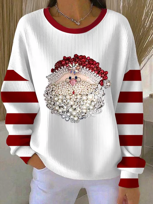 Women's Santa Claus Printed Ribbed Round-Neck Sweatshirt