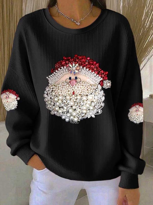Women's Santa Claus Printed Ribbed Round-Neck Sweatshirt