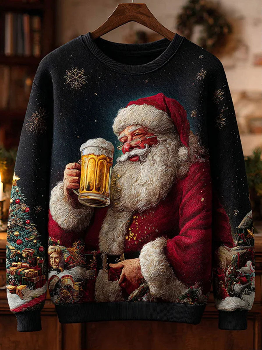 Men's Christmas Santa Claus Beer Oil Painting Print Casual Sweatshirt
