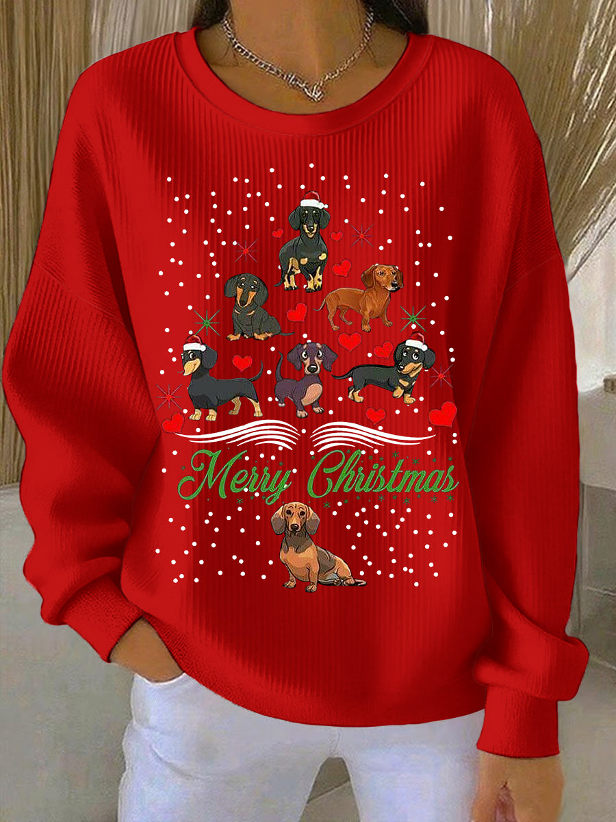 Women's Christmas Dachshund Christmas Tree Crew Neck Striped Sweatshirt