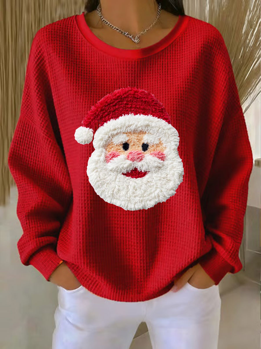 Women's Santa Waffle Print Casual Top