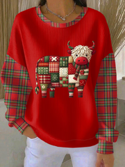 Women's Christmas Highland Cow Patchwork Print Ribbed Round-Neck Sweatshirt