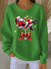 Women's Santa Claus and wine glass Print Ribbed Round-Neck Sweatshirt