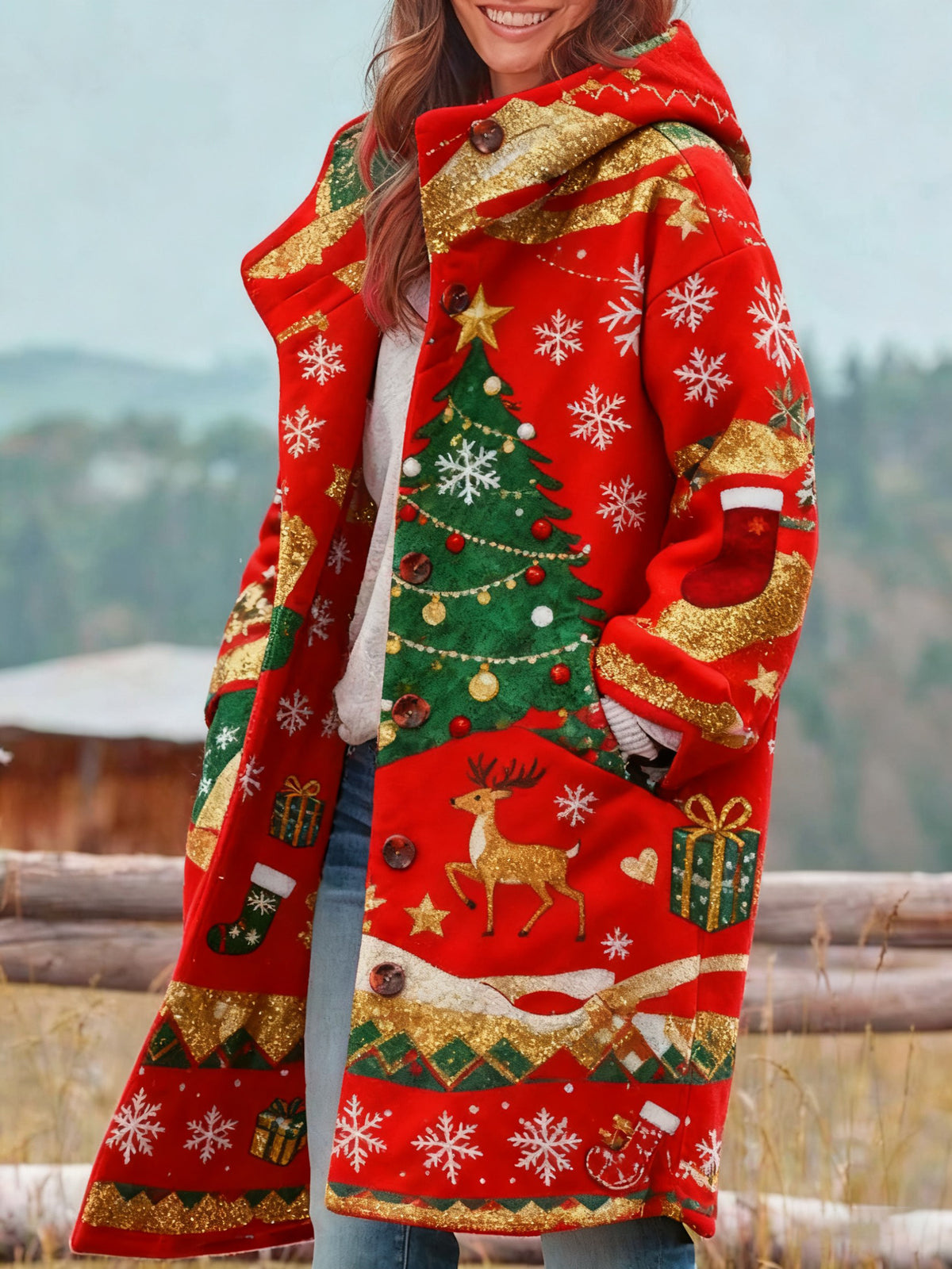 Women's Retro Christmas Print Coat