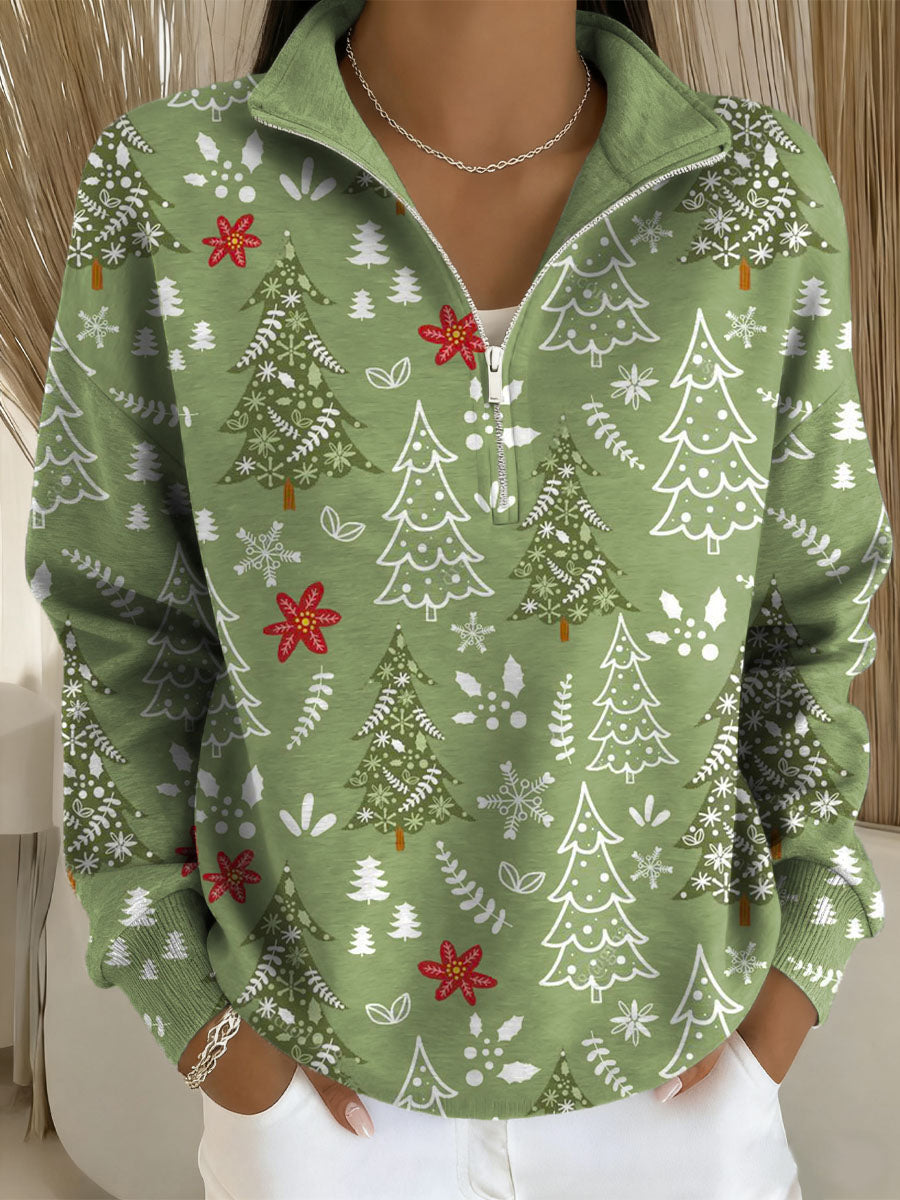 Women's Christmas Trees Print Zip-Up Sweatshirts