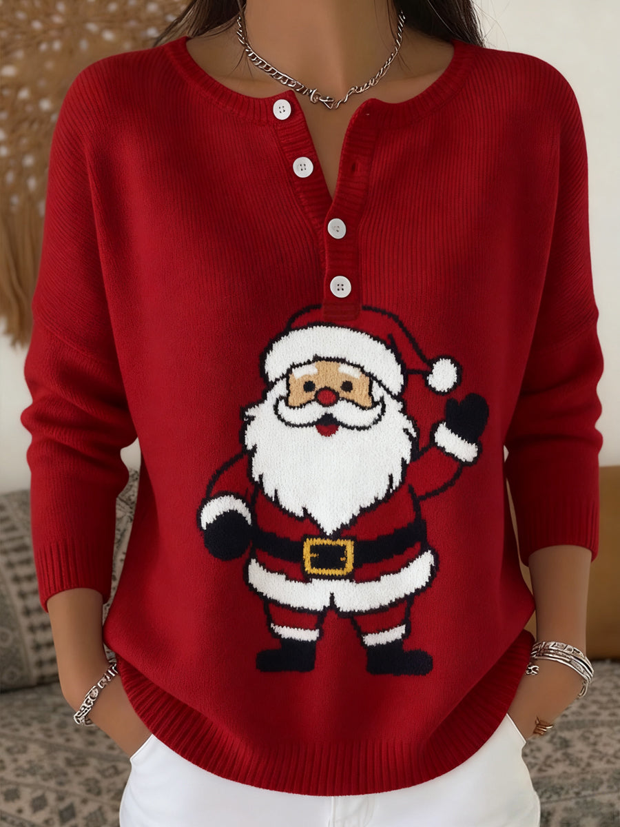 Women's Christmas Santa Claus Print Casual Buttons Long Sleeve Top
