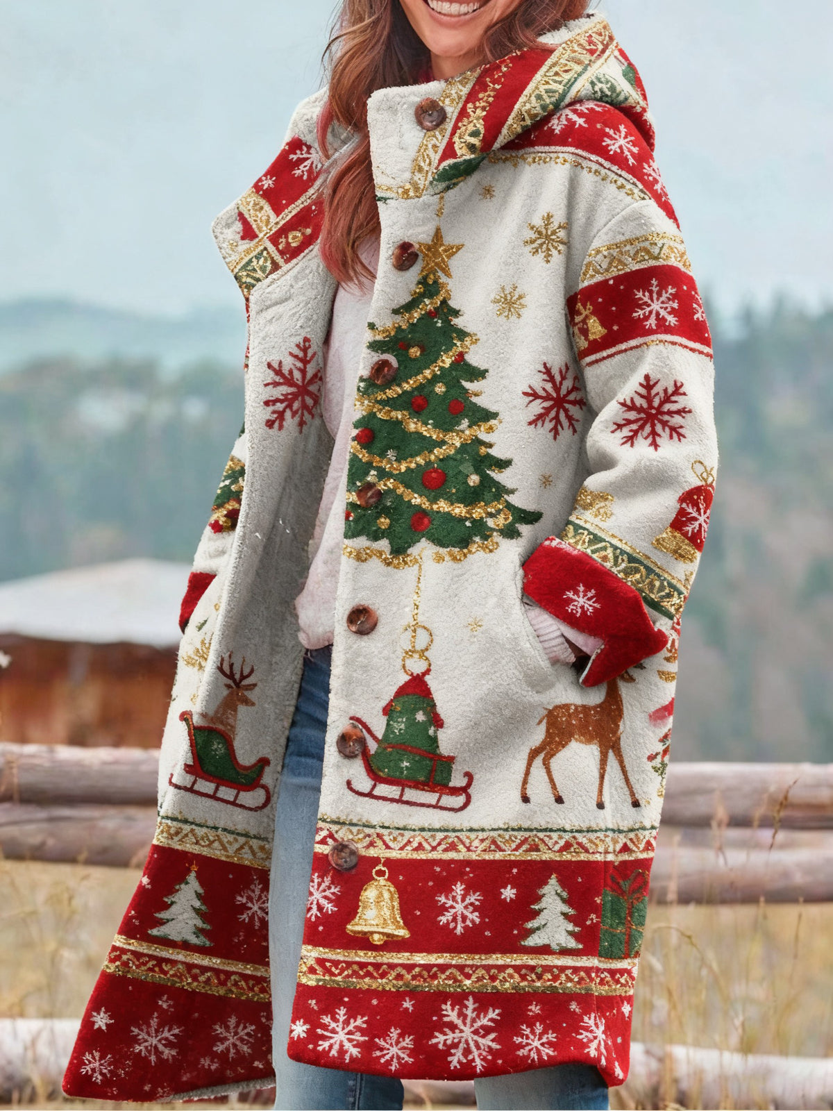 Women's Retro Christmas Printed Coat