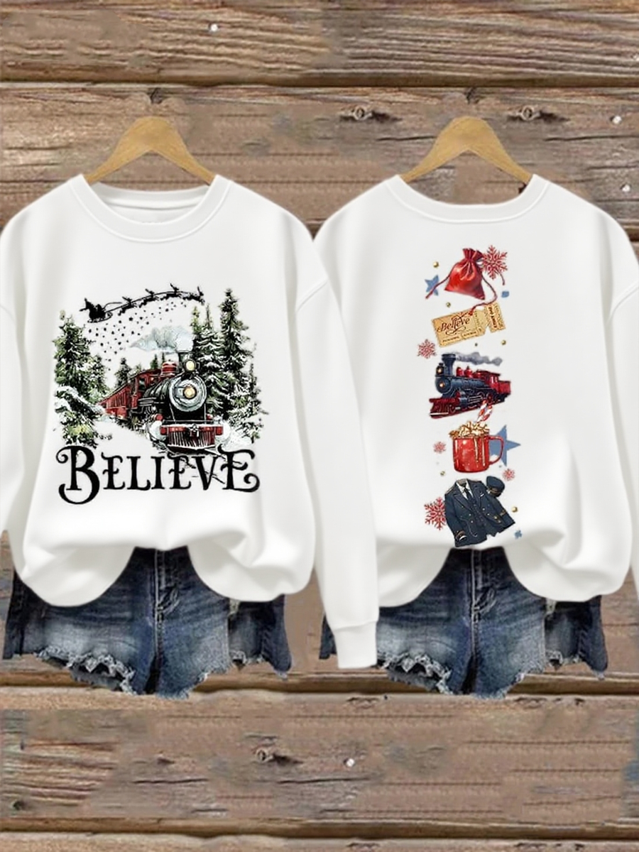 Women's Retro Christmas Believe Print Sweatshirt