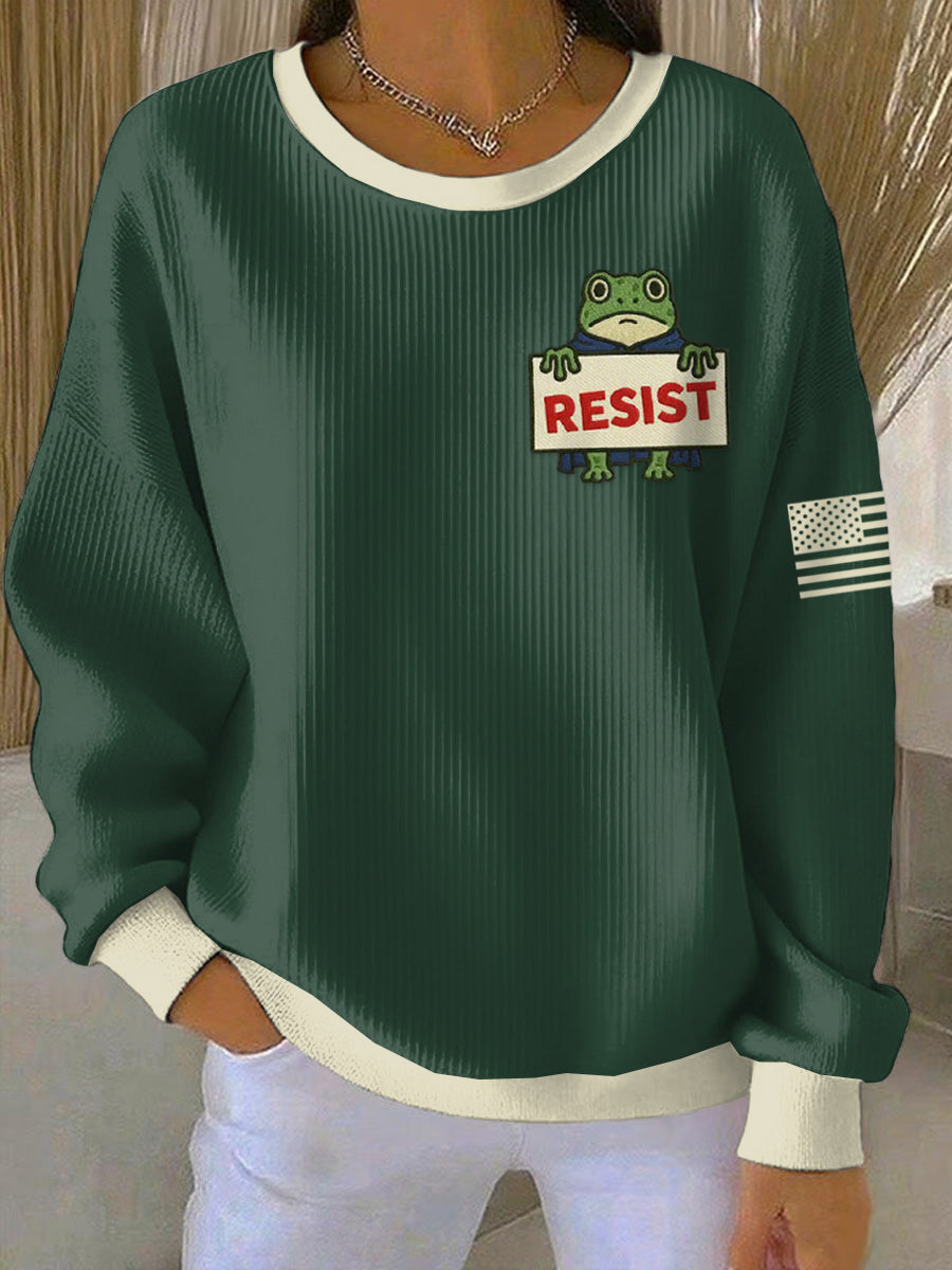 Women's FDT Polish Frog Print Ribbed Round-Neck Sweatshirt