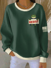 Women's FDT Polish Frog Print Ribbed Round-Neck Sweatshirt