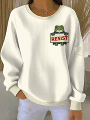 Women's FDT Polish Frog Print Ribbed Round-Neck Sweatshirt