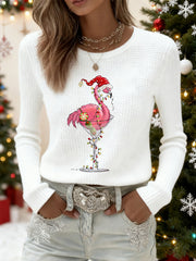 Women's Christmas Flamingo Cocktail Glass Print Casual Waffle Top