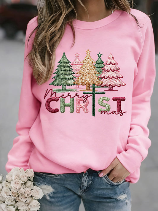 Women's Merry Christmas Pink Christmas Tree Print Casual Sweatshirt