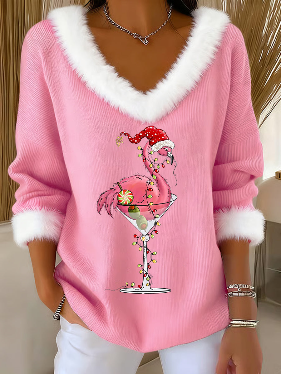 Women's Christmas Flamingo Cocktail Glass Print Casual Fur Collar V-Neck Top