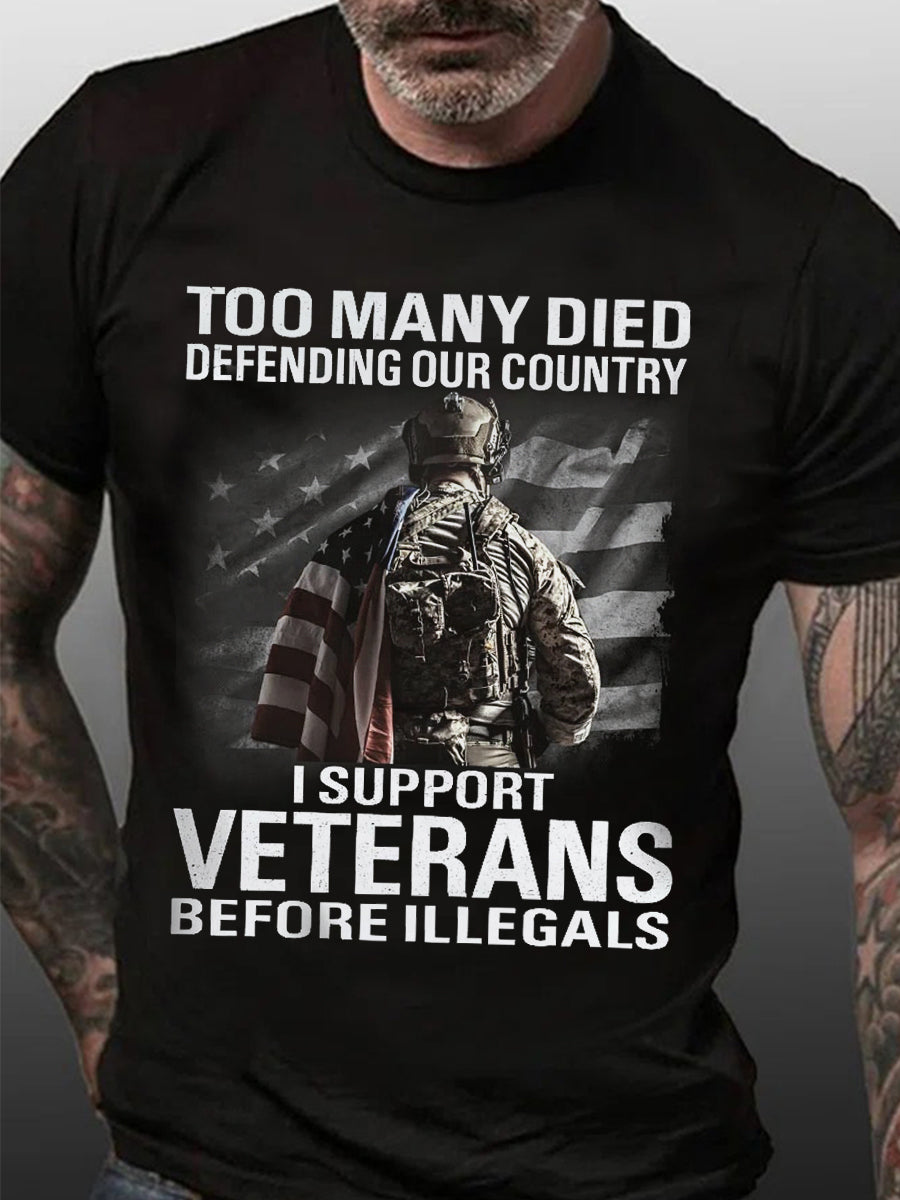 Men's I Support Veterans America First Patriotic USA Flag Print Tee