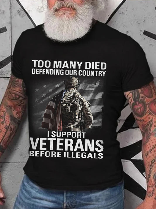 Men's I Support Veterans America First Patriotic USA Flag Print Tee