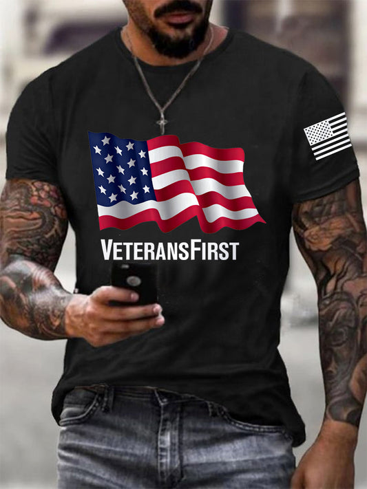 Men's Veterans First Patriotic USA Flag Print Tee