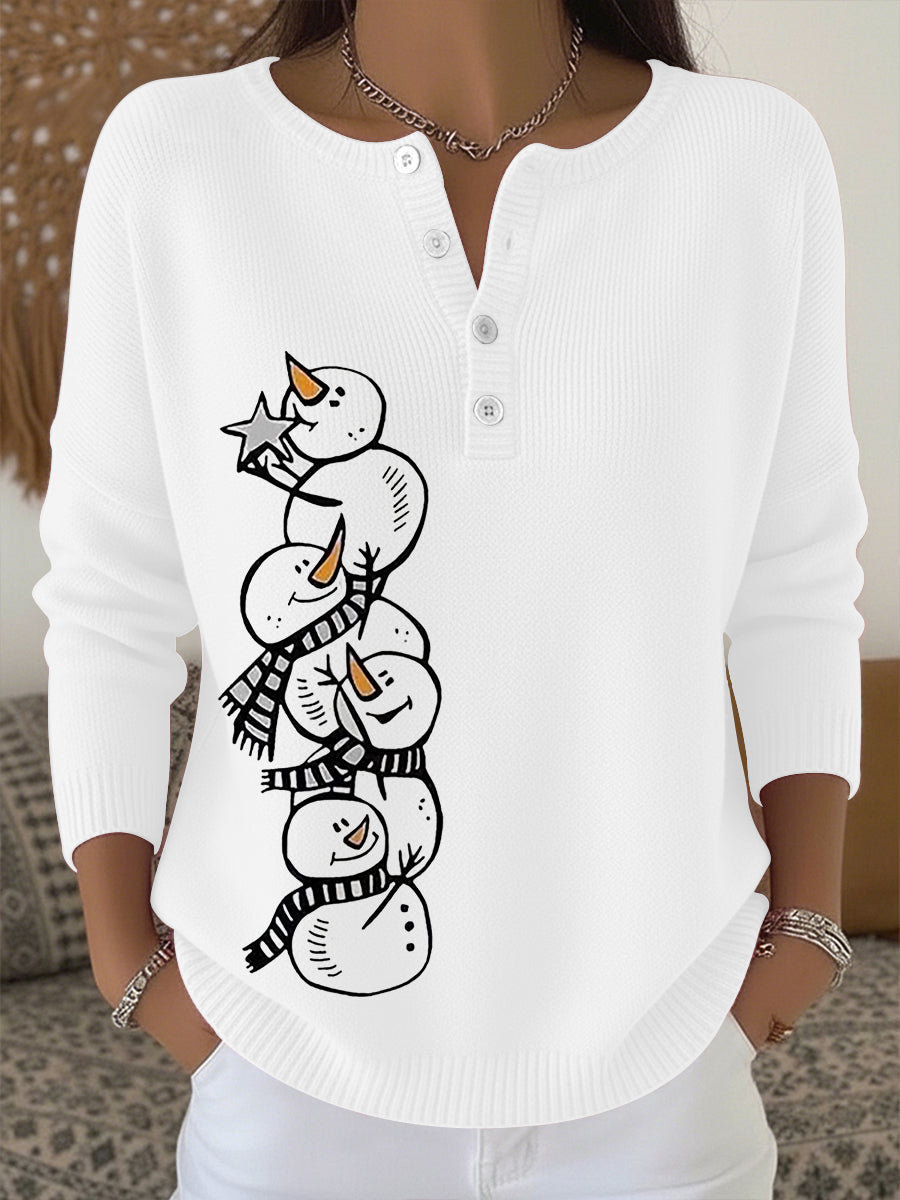 Women's Christmas Snowman Print  Button Top