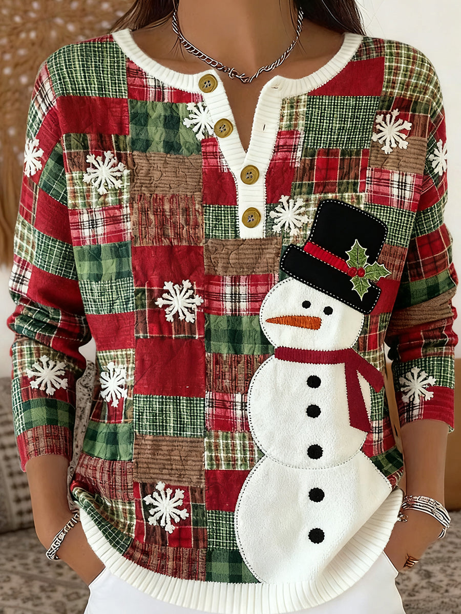 Women's Christmas Snowman Print Button Top