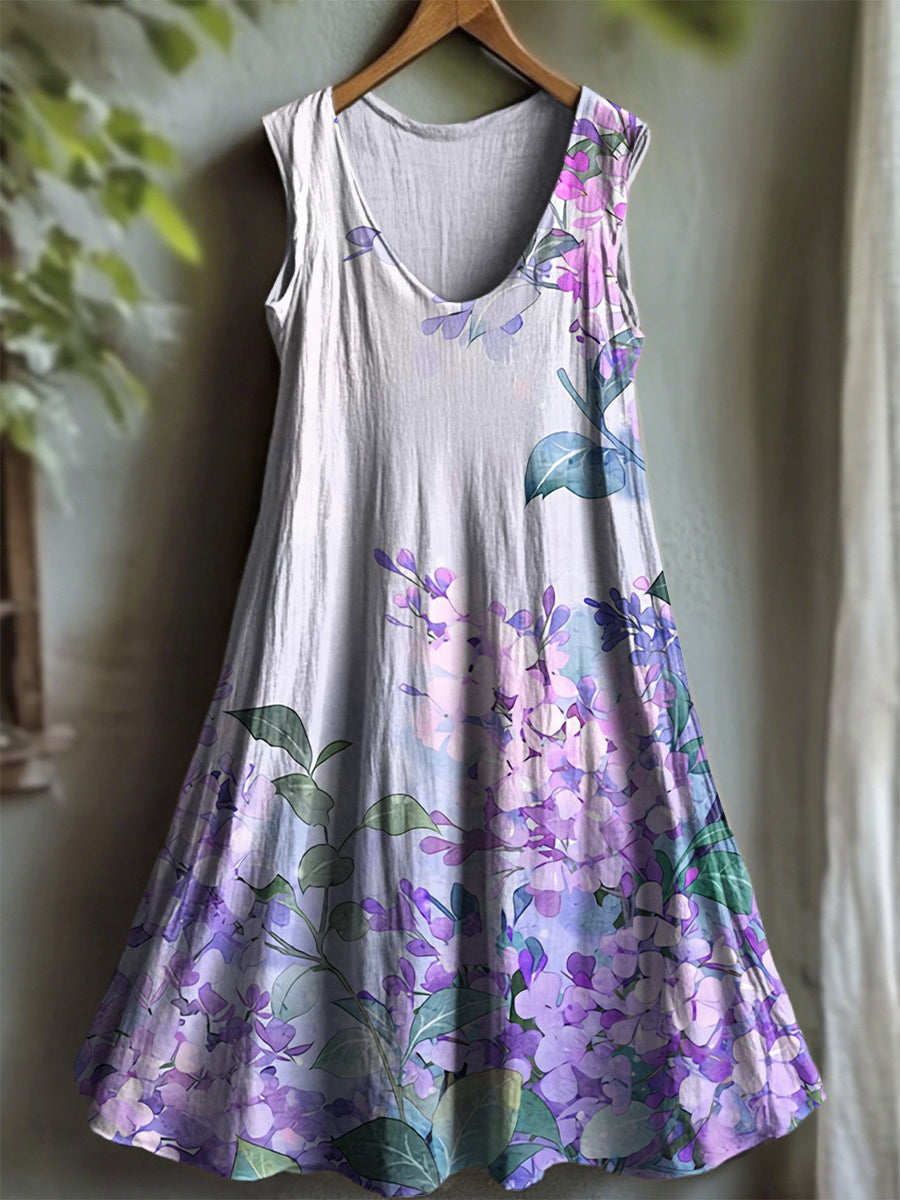 Women's Purple Flora Art Print V-neck Dress