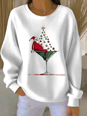 Women's Santa Claus Printed Ribbed Round-Neck Sweatshirt