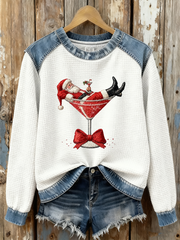 Women's Santa Claus sitting on a wine glass Print waffle Sweatshirt