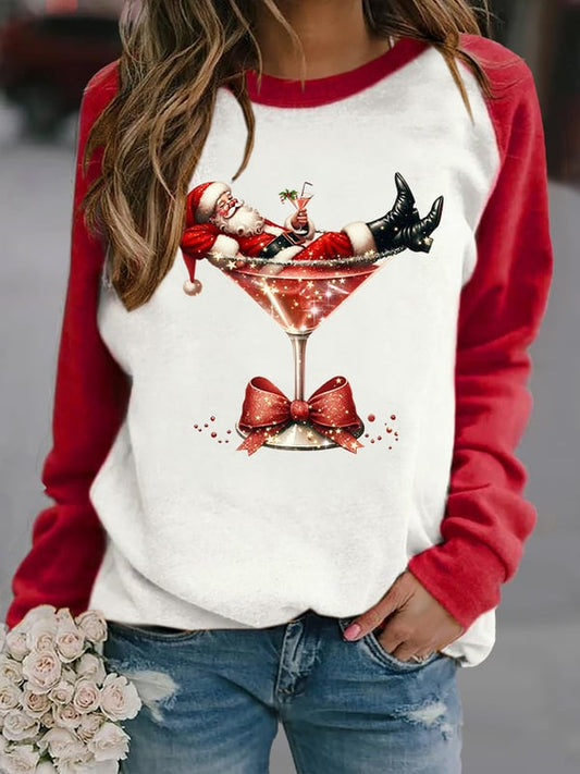 Women's Santa Claus and red wine glass print raglan sleeve sweatshirt