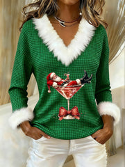 Women's Santa Claus sitting on a red wine glass printed fur collar Square fabric top