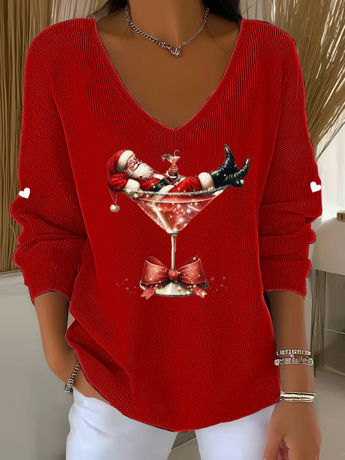 Women's  Santa Claus sitting on a wine glass V-Neck Ribbed Top