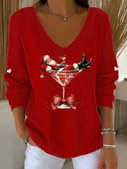Women's  Santa Claus sitting on a wine glass V-Neck Ribbed Top