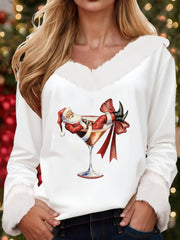 Women's Santa Claus sitting on a red wine glass with a printed fur collar top