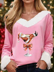 Women's Santa Claus sitting on a red wine glass with a printed fur collar top
