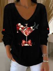 Women's  Santa Claus sitting on a wine glass V-Neck Ribbed Top