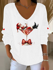 Women's  Santa Claus sitting on a wine glass V-Neck Ribbed Top