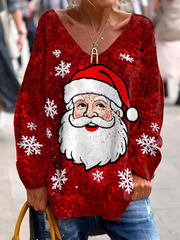 Women’s Christmas Print Casual V-Neck Loose Top