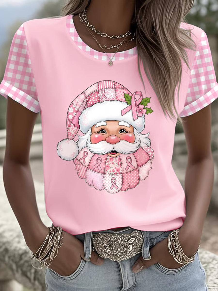 Women's Breast Cancer Awareness Santa Claus Print Short Sleeve T-shirt